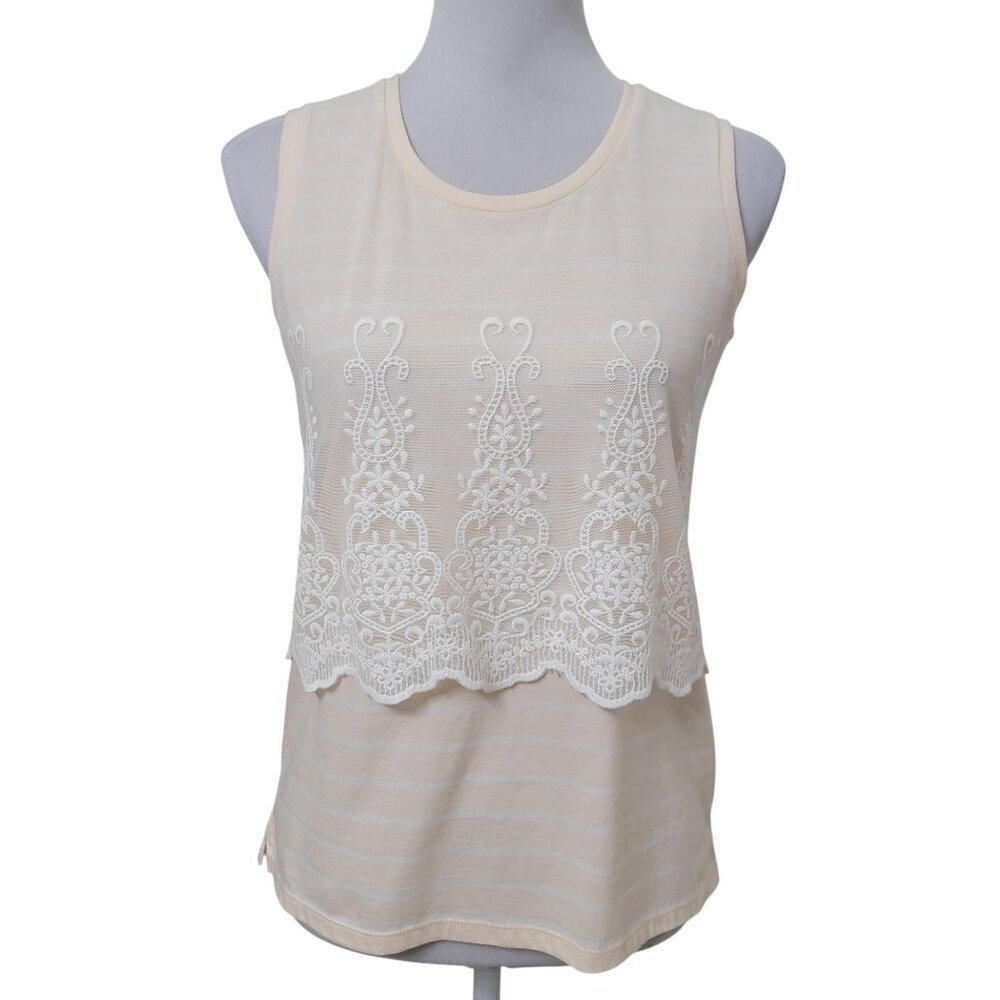 J. Crew Size XS Peach White Striped with White Lace Overlay Sleeveless Tank NEW